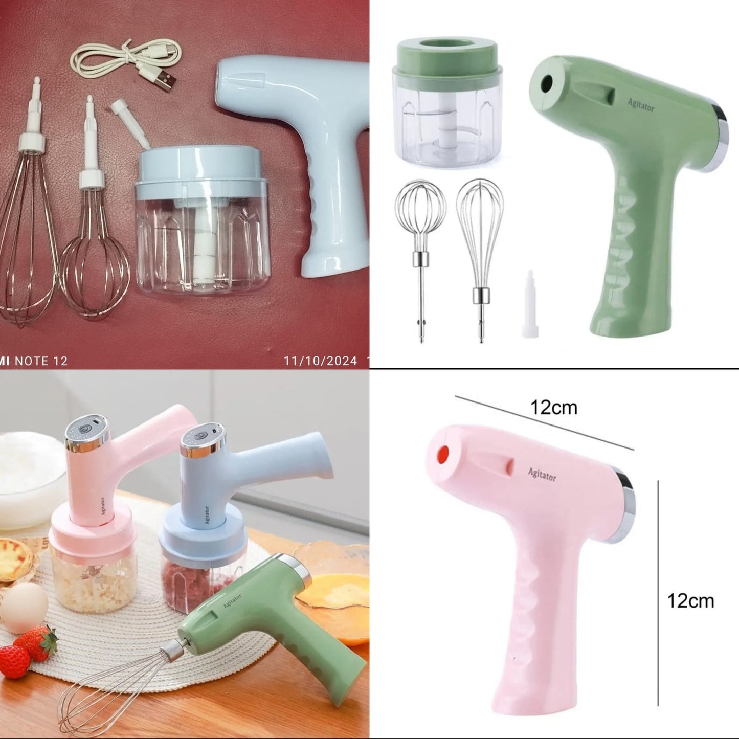 Set of kitchen appliances including a hair dryer, whisk, and other tools on a wooden surface.