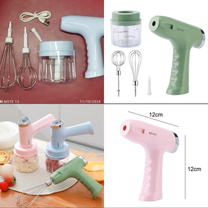Set of kitchen appliances including a hair dryer, whisk, and other tools on a wooden surface.