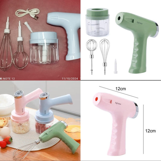 Set of kitchen appliances including a hair dryer, whisk, and other tools on a wooden surface.