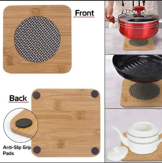 Wooden trivet with anti-slip grip pads, front and back views, used with cookware.