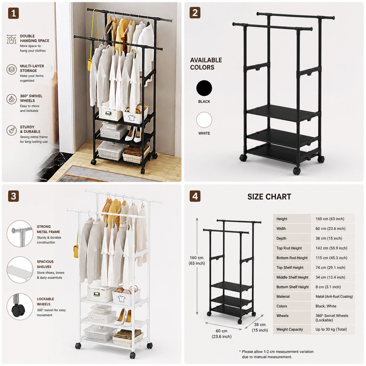 Double Pole Coat Rack with 3-Tier Storage Shelf Organizer Stand