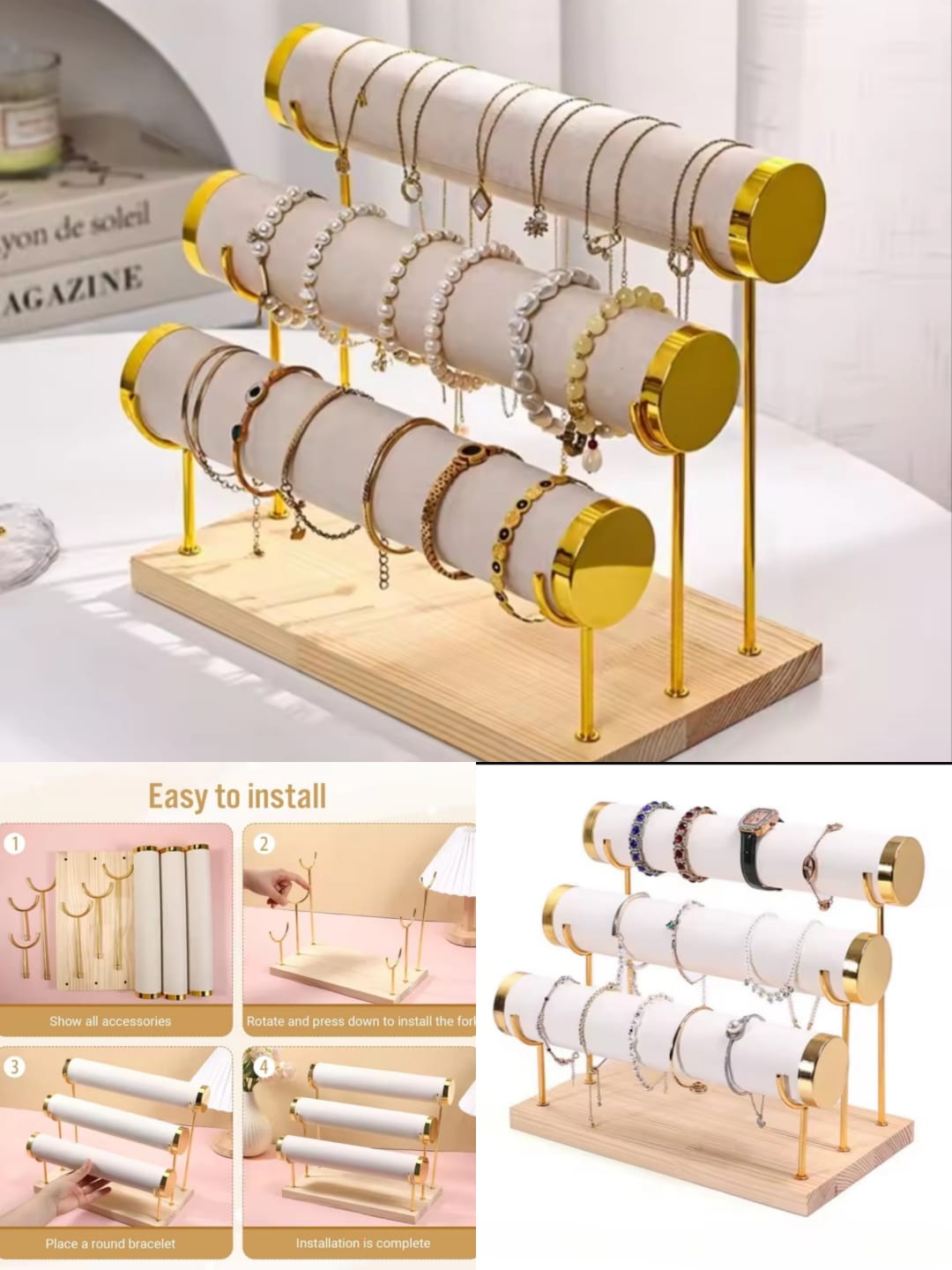 3-Tier Velvet Bracelet & Bangle Display Stand with Wooden Base & Gold Accents