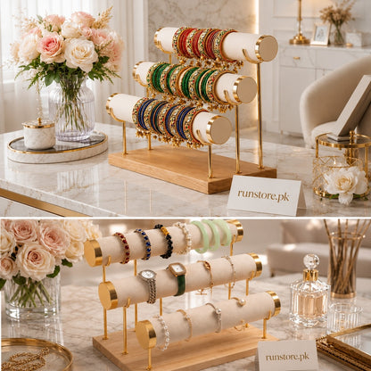 3-Tier Velvet Bracelet & Bangle Display Stand with Wooden Base & Gold Accents