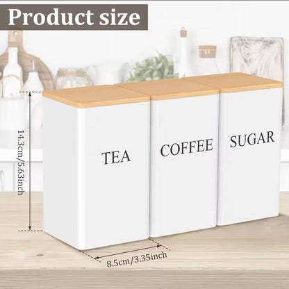 3-Piece Metal Storage Jar Set with Bamboo Lids for Tea, Coffee & Sugar