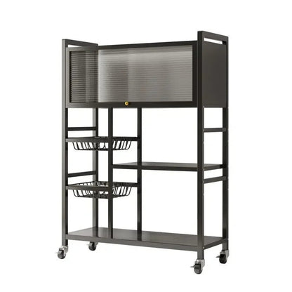 Multifunctional Kitchen Storage Rack with Doors – Stainless Steel Cabinet with Fruit Baskets, Dish & Oven Rack