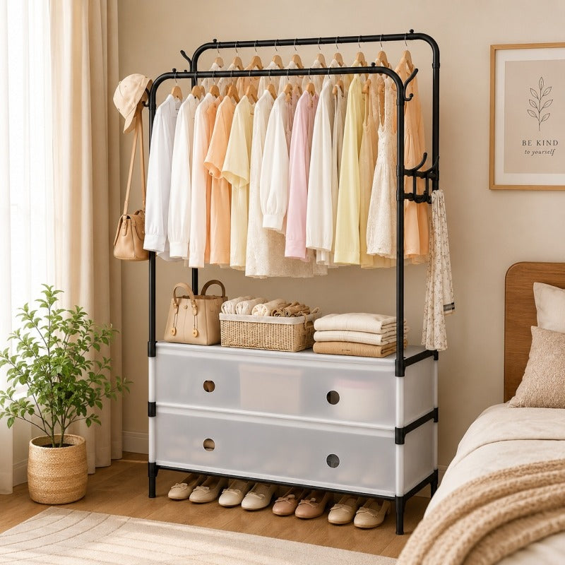 Luxury Double Pole Clothes Rack with Shoe Storage & Drawers