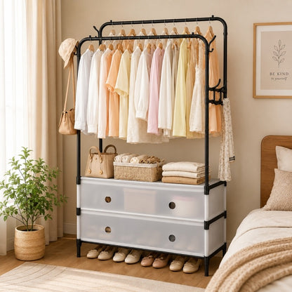 Luxury Double Pole Clothes Rack with Shoe Storage & Drawers