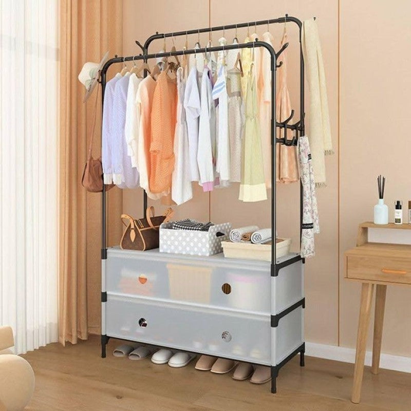 Luxury Double Pole Clothes Rack with Shoe Storage & Drawers