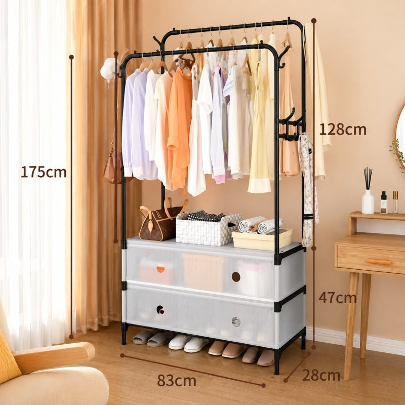 Luxury Double Pole Clothes Rack with Shoe Storage & Drawers