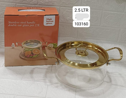 Premium 2.5L Borosilicate Glass Cooking Pot with Golden Handles