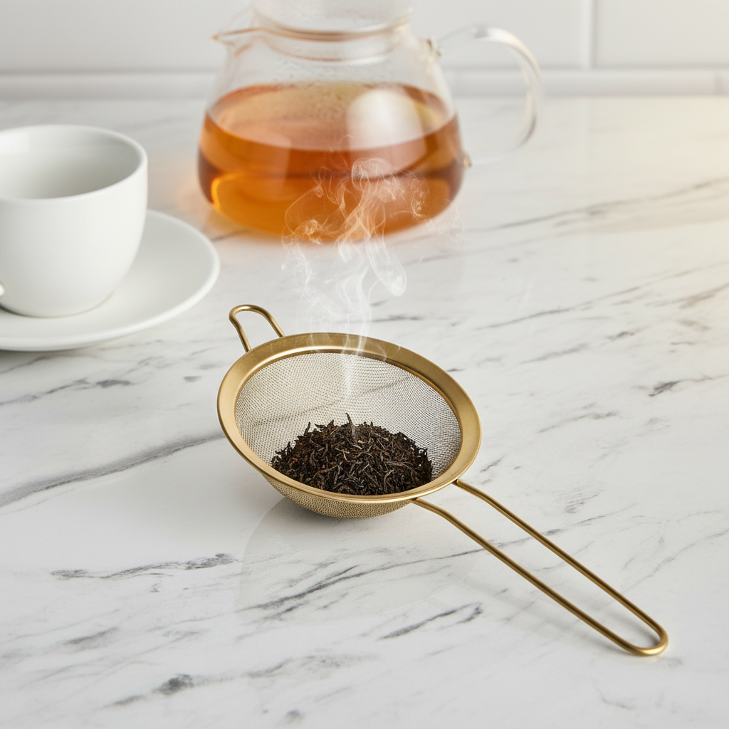 Gold tea strainer with loose tea leaves on a marble surface, next to a teapot and cup.