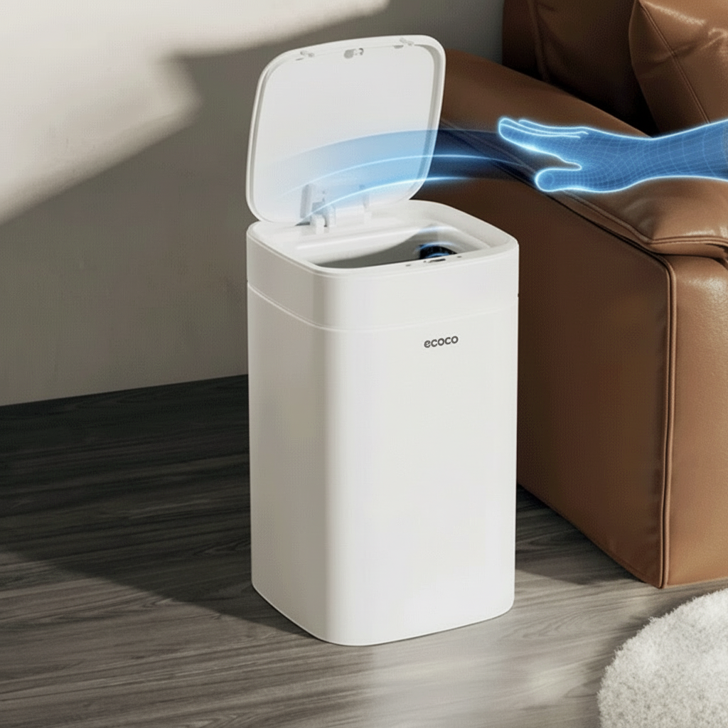 White smart trash can with open lid on a wooden floor next to a brown sofa.