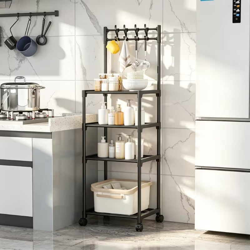 4 Tier Bathroom Storage Rack with Wheels – Floor Standing Organizer Shelf with Hooks