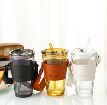 Glass Tumbler with Straw, Lid & Handle – Reusable Coffee Cup