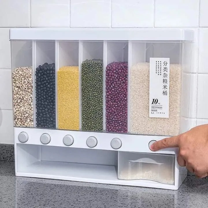 10KG Wall Mounted Rice Dispenser | 6-Grid Automatic Cereal & Grain Storage Container – Moisture-Proof Kitchen Organizer