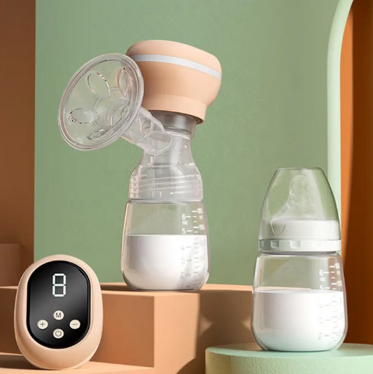 Breast pump with a digital display and a bottle on a colorful background