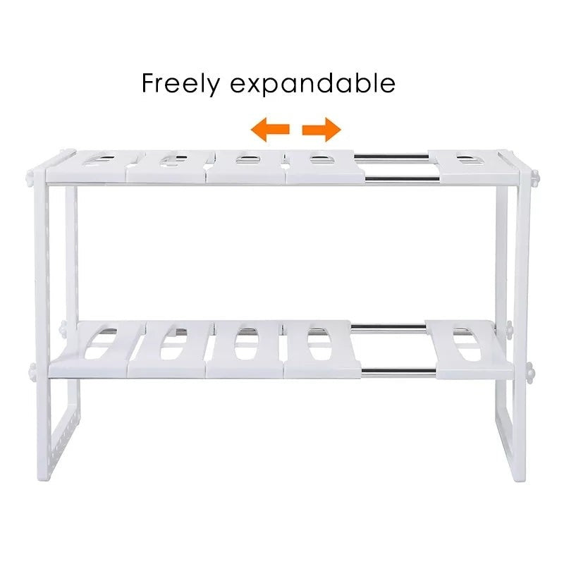 2-Tier Under Sink Adjustable Storage Rack | Stainless Steel & PP Plastic Expandable Kitchen Organizer