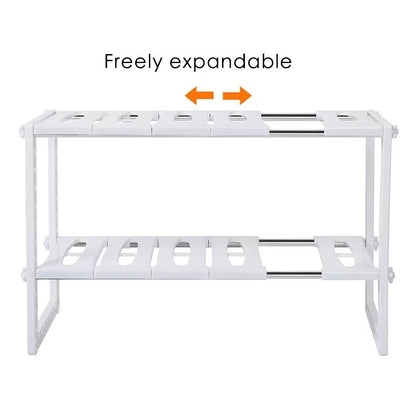 2-Tier Under Sink Adjustable Storage Rack | Stainless Steel & PP Plastic Expandable Kitchen Organizer