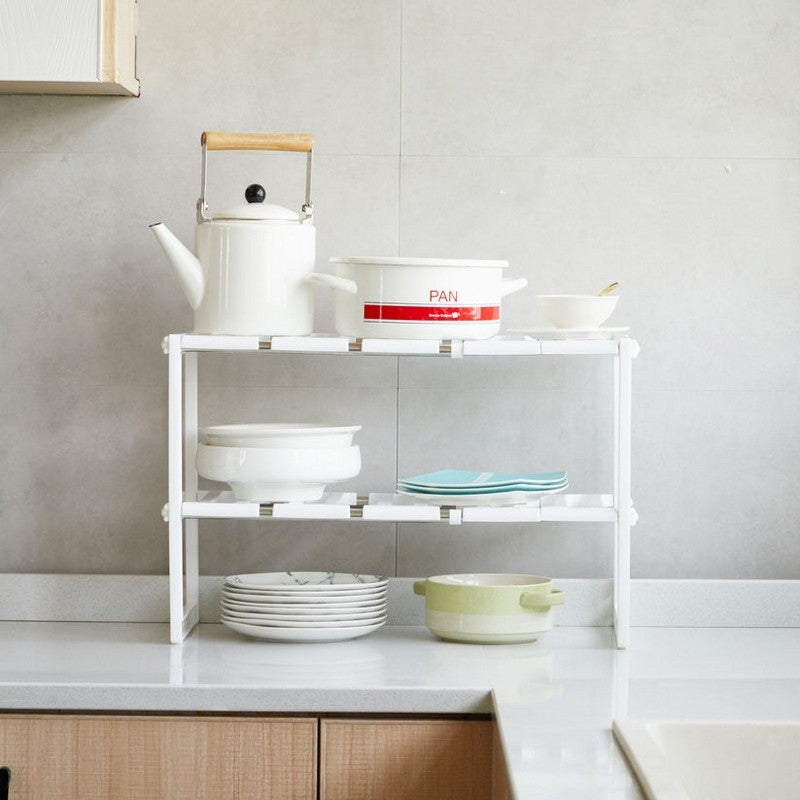 2-Tier Under Sink Adjustable Storage Rack | Stainless Steel & PP Plastic Expandable Kitchen Organizer