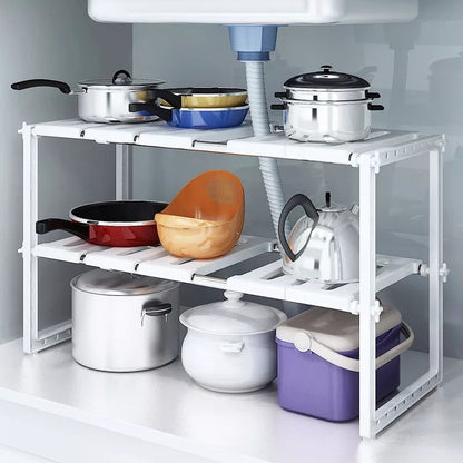 2-Tier Under Sink Adjustable Storage Rack | Stainless Steel & PP Plastic Expandable Kitchen Organizer