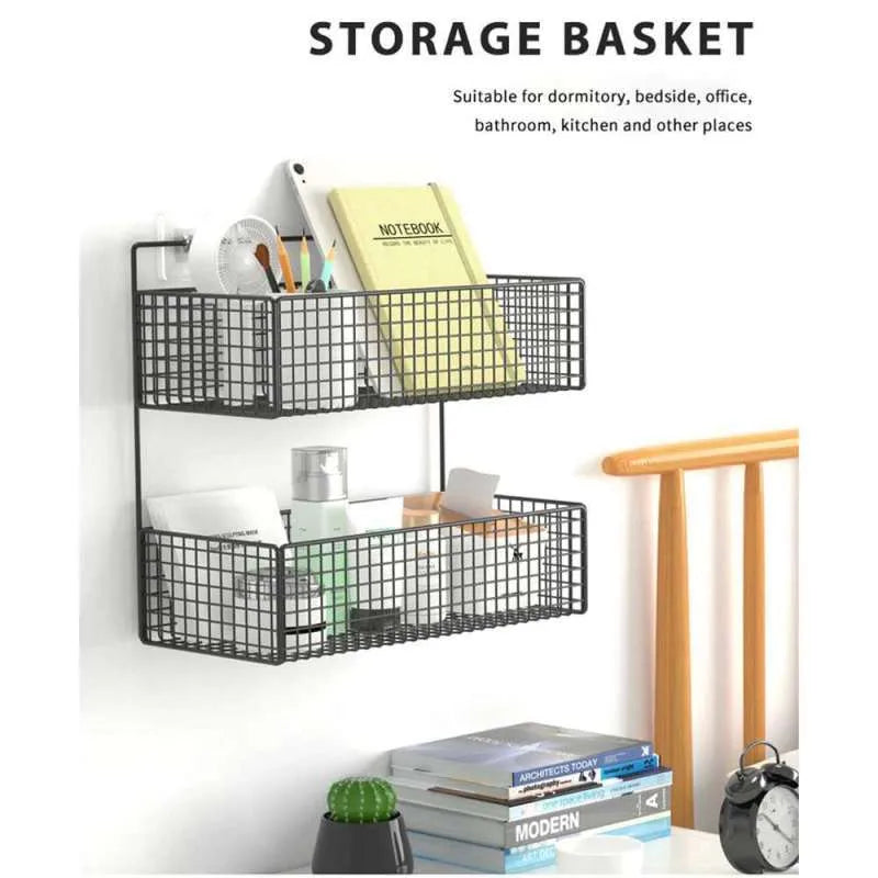 2 Layer Wall Mounted Bathroom Kitchen Storage Basket Rack