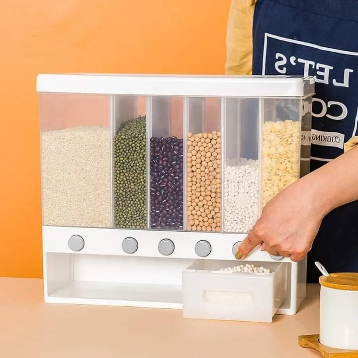 10KG Wall Mounted Rice Dispenser | 6-Grid Automatic Cereal & Grain Storage Container – Moisture-Proof Kitchen Organizer