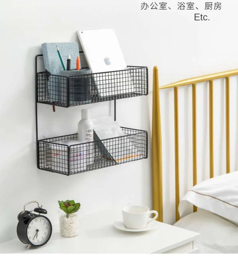 2 Layer Wall Mounted Bathroom Kitchen Storage Basket Rack