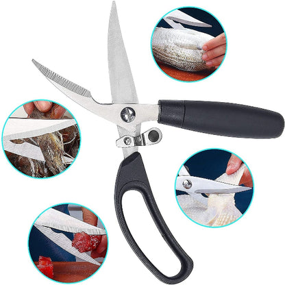 Butterfly scissors with black handles on a white background, surrounded by close-up images of cutting fish.