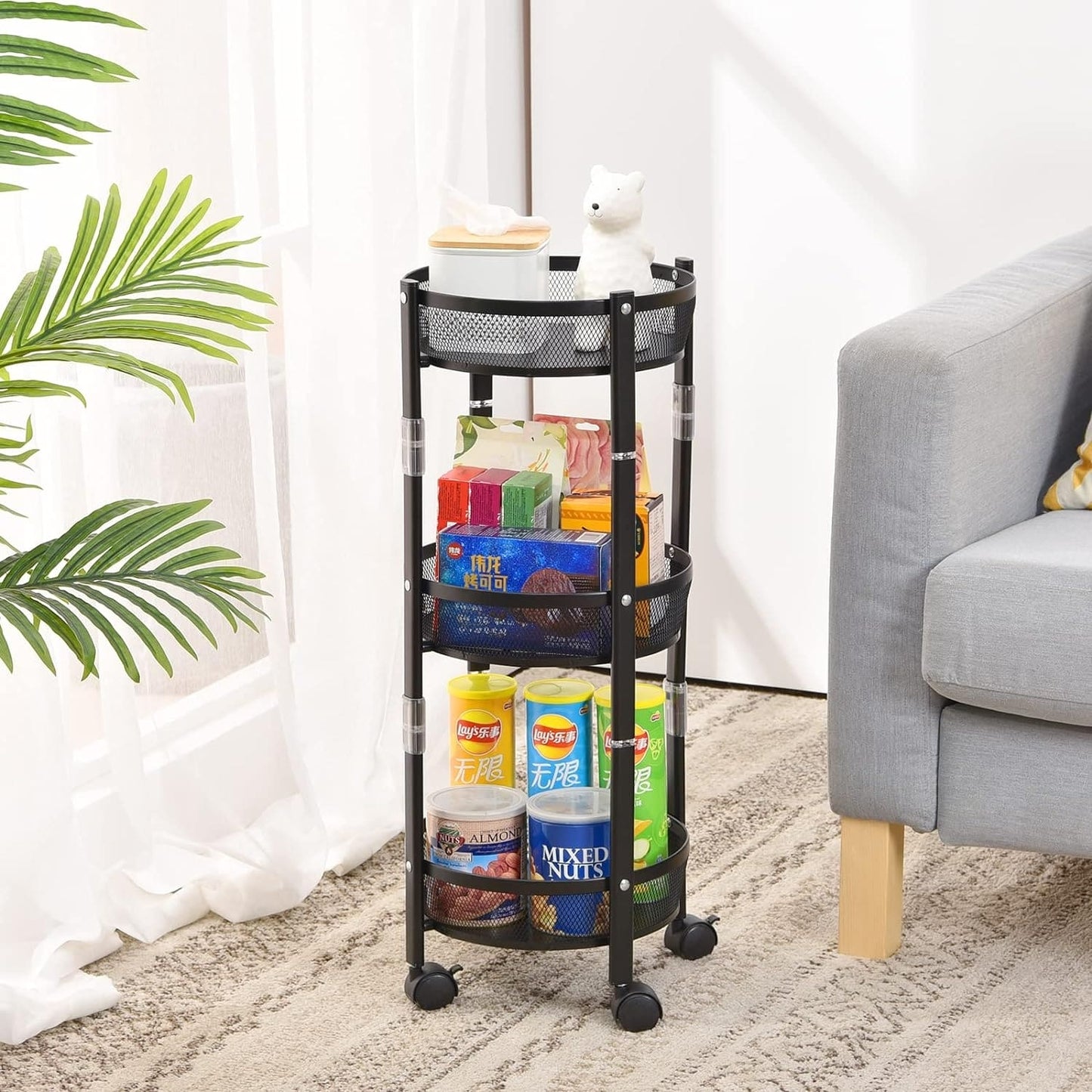 3 Layer Stainles Steel Folding Storage Cart with Wheels | 3 Tier Kitchen Trolley – Runstore.pk