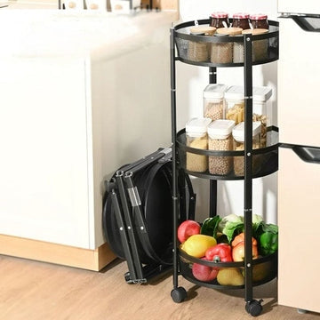 3 Layer Stainles Steel Folding Storage Cart with Wheels | 3 Tier Kitchen Trolley – Runstore.pk