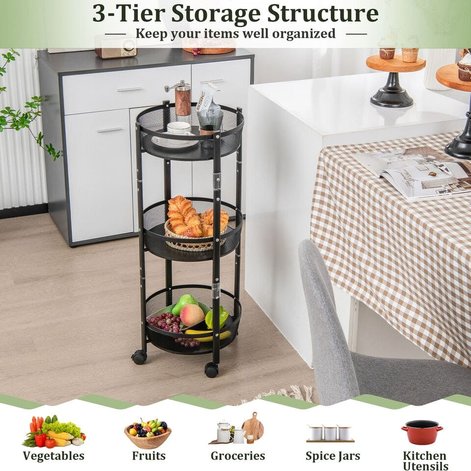 3 Layer Stainles Steel Folding Storage Cart with Wheels | 3 Tier Kitchen Trolley – Runstore.pk