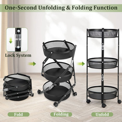 3 Layer Stainles Steel Folding Storage Cart with Wheels | 3 Tier Kitchen Trolley – Runstore.pk