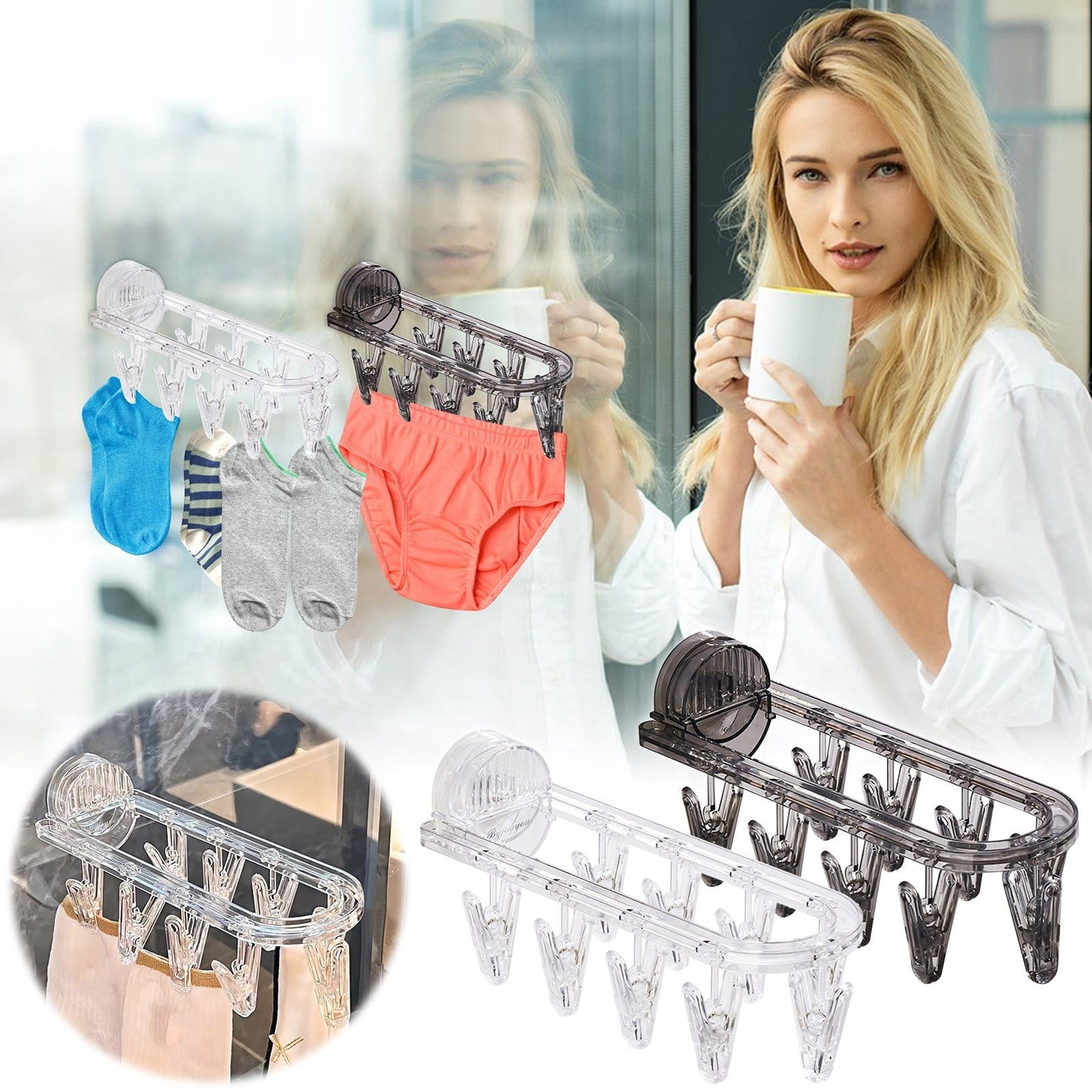 Wall Mounted Acrylic Underwear Drying Rack with Suction Cup | Foldable 9-Clip Laundry Hanger Organizer