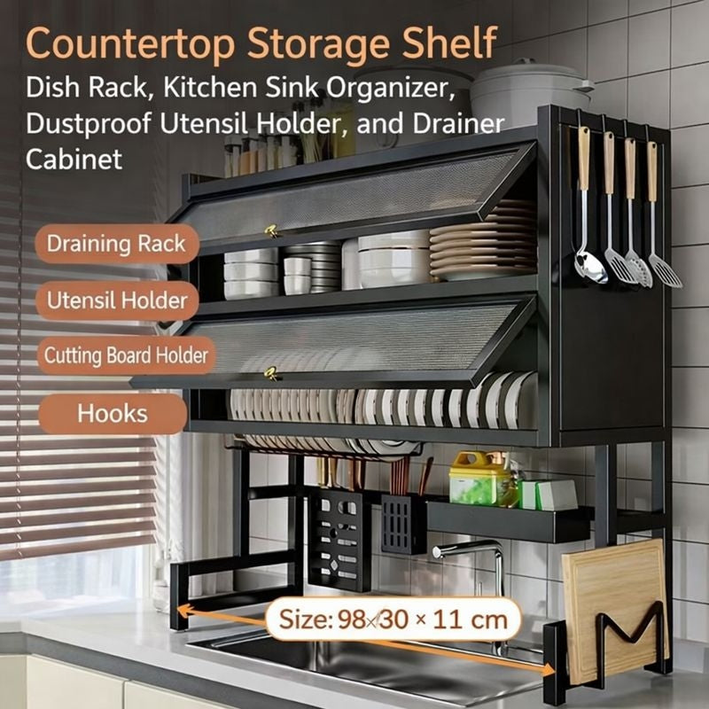 3-Tier Kitchen Countertop Storage Shelf & Dish Rack | Dustproof Sink Organizer – Black Metal