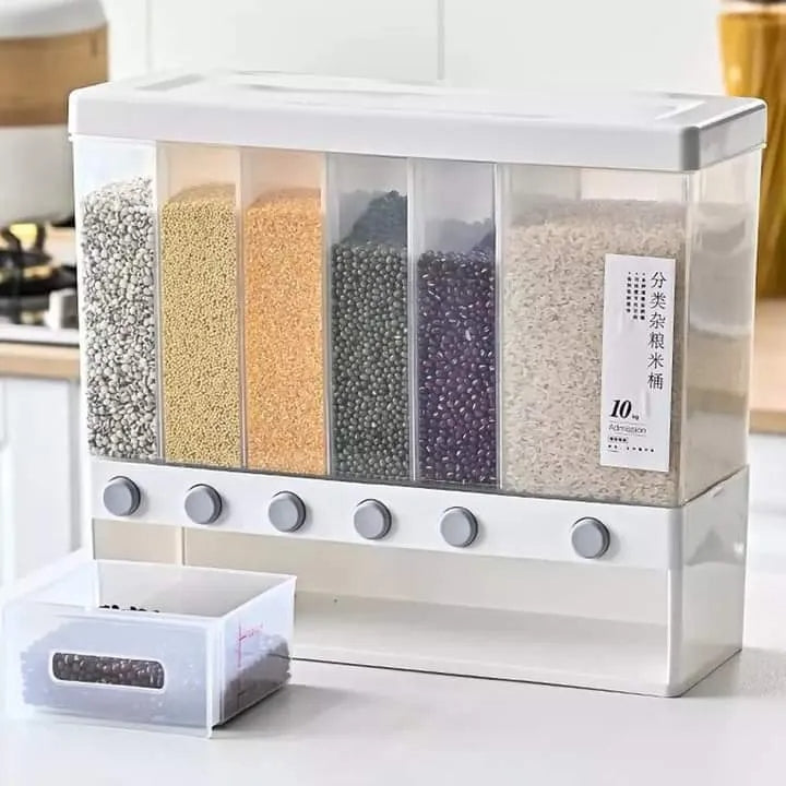 10KG Wall Mounted Rice Dispenser | 6-Grid Automatic Cereal & Grain Storage Container – Moisture-Proof Kitchen Organizer