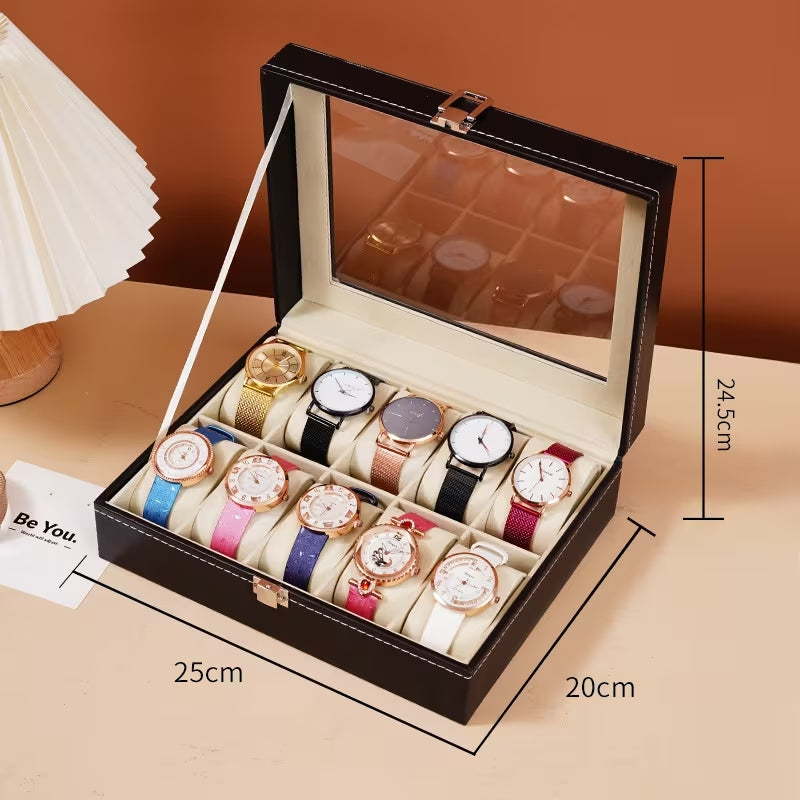 Luxury PU Leather Watch Storage Box with Glass Top | 6 / 10 / 12 Slot Watch Display Case