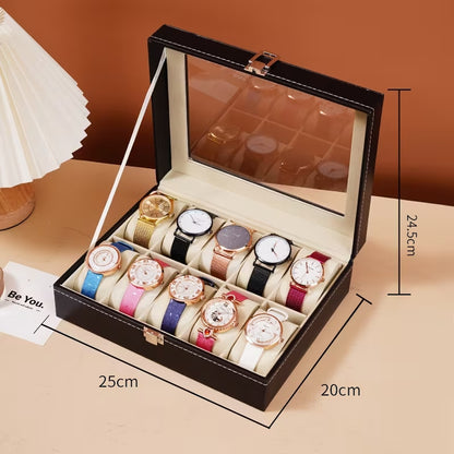 Luxury PU Leather Watch Storage Box with Glass Top | 6 / 10 / 12 Slot Watch Display Case