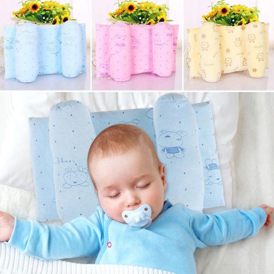 Baby sleeping with a pacifier, surrounded by baby products including blue, pink, and yellow items.