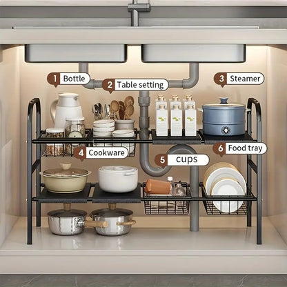 Expandable Under-Sink Organizer Rack with Adjustable Shelves & Baskets