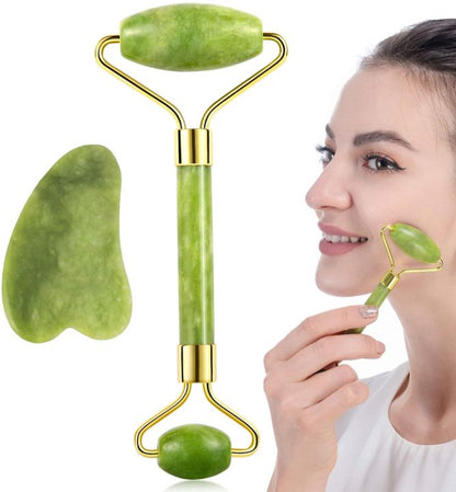 Green facial roller and gua sha tool with a woman using them on her face.