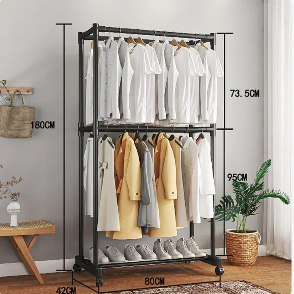 Clothing rack with clothes and shoes in a room setting, showing dimensions.