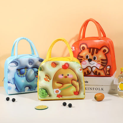 Three colorful lunch bags with animal designs on a white surface.