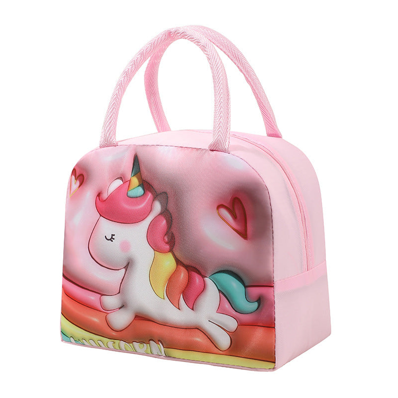 Pink lunch bag with a unicorn design on a white background