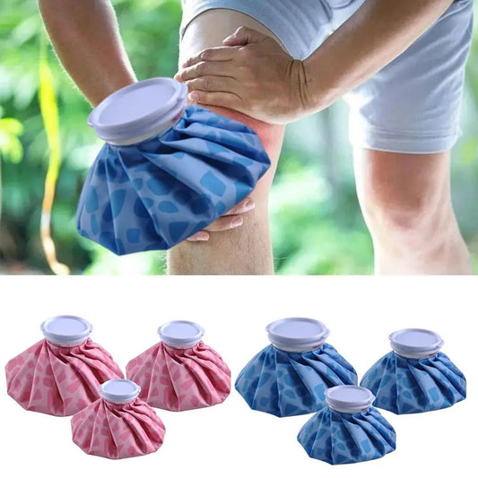 Person using a blue ice pack on their knee with additional ice packs shown below.