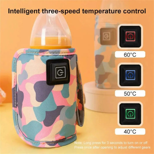 Colorful baby bottle warmer with temperature control indicators on an orange background