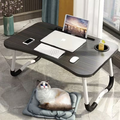 Foldable Wooden Laptop Table for Bed & Sofa | Portable Lap Desk with W-Shaped Legs, Cup & Mobile Holder