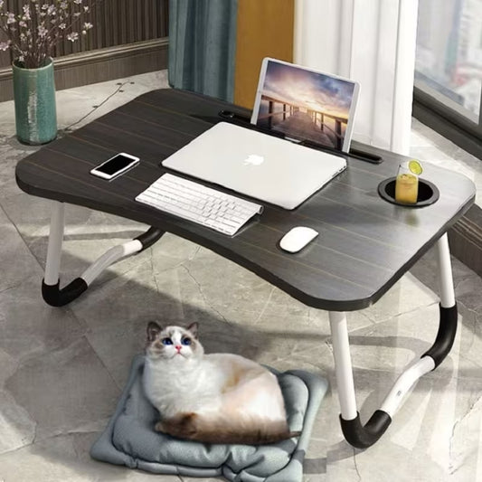 Foldable Wooden Laptop Table for Bed & Sofa | Portable Lap Desk with W-Shaped Legs, Cup & Mobile Holder
