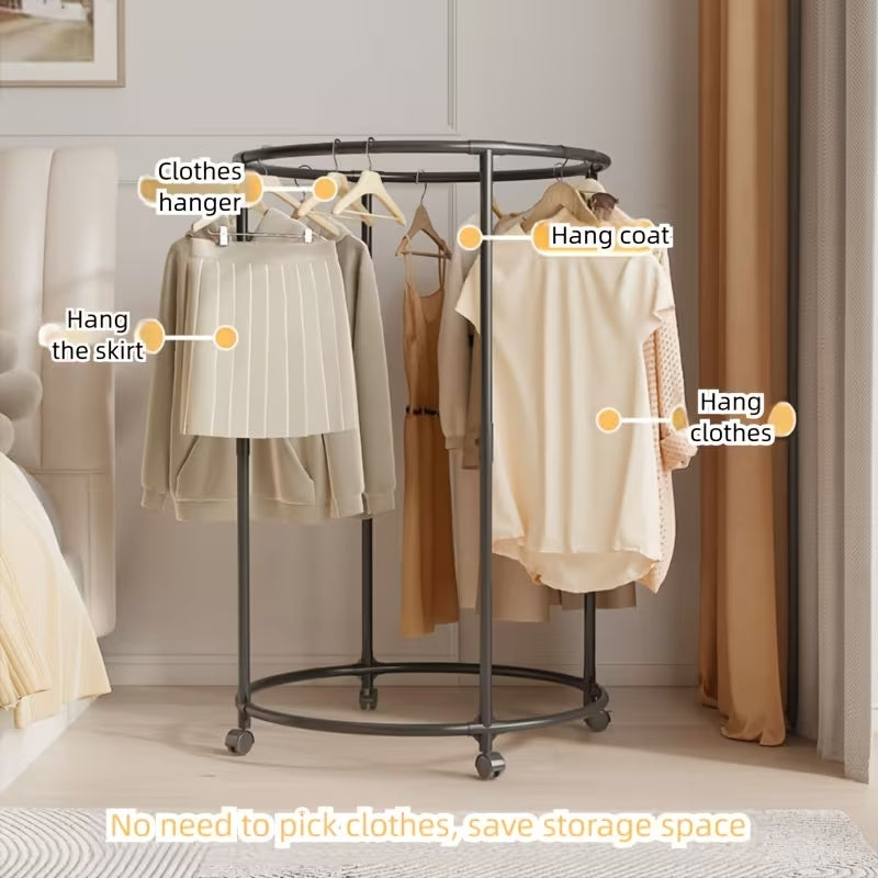 360° Rotating Round Clothes Rack with Wheels | Stainless Steel Freestanding Circular Garment Organizer