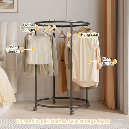 360° Rotating Round Clothes Rack with Wheels | Stainless Steel Freestanding Circular Garment Organizer