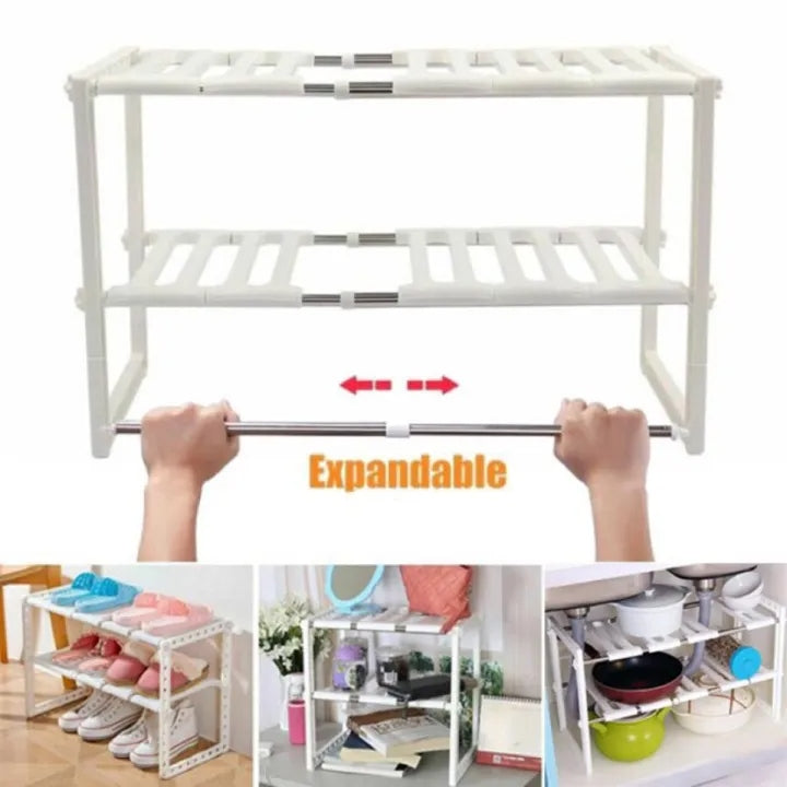 2-Tier Under Sink Adjustable Storage Rack | Stainless Steel & PP Plastic Expandable Kitchen Organizer
